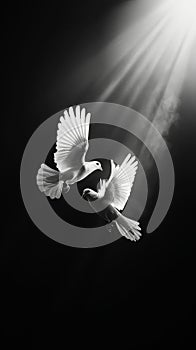 Two white doves fly on a black aesthetic background with sun rays. Peace concept. Generative AI