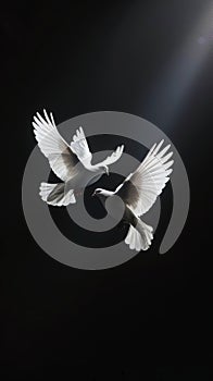 Two white doves fly on a black aesthetic background with sun rays. Peace concept. Generative AI