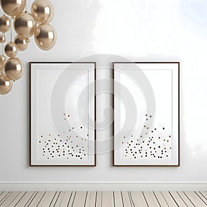 Two white empty frames on the wall with dots all around decorated with gold baubles