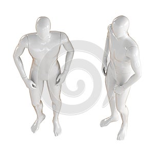 Two white faceless mannequin man standing in the usual free pose, top view. Isolated on a white background. 3D rendering