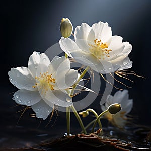 Two white flowers with petals and drops of dew, water and buds on a dark background. Flowering flowers, a symbol of spring, new