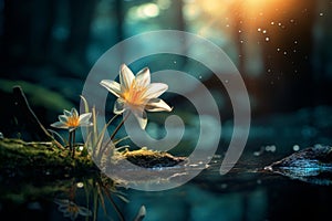 two white flowers in the water with the sun shining in the background