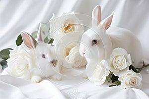 Two white fluffy bunnies with romantic white roses on a white satin sheet.