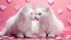 Two white fluffy cats in love are sitting next to each other on pink background with hearts