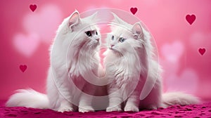 Two white fluffy cats in love are sitting next to each other on pink background with hearts