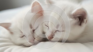 Two white fluffy kittens sleeping side by side, leaning their muzzles against each other on a white blanket. Cute