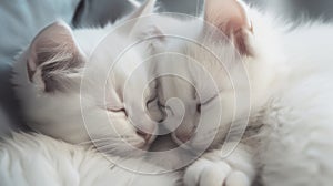 Two white fluffy kittens sleeping side by side, leaning their muzzles against each other on a white blanket. Cute