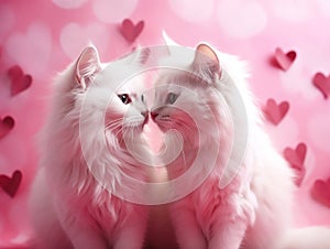 Two white fluffy lovesick cats are sitting next to each other on a pink background