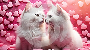 Two white fluffy lovesick cats are sitting next to each other on a pink background