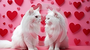 Two white fluffy lovesick cats are sitting next to each other on a pink background