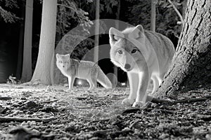 Two white foxes in a dark forest at night