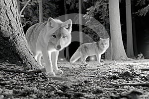 Two white foxes in a dark forest at night