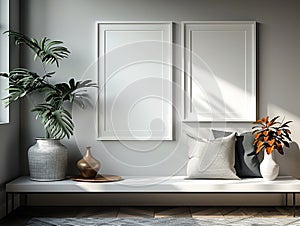 Two white frames mockup in bright interior with design elements