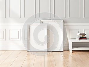 Two white Frames Mockup standing near wall in beautiful interior
