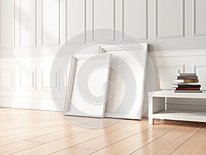 Two white Frames Mockup standing near wall indoors