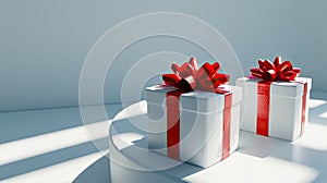 two white gift boxes adorned with vibrant red ribbon bows, one small and one large, elegantly isolated on a soft light