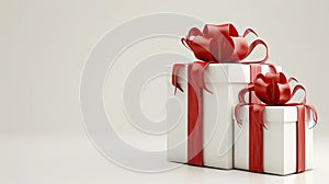 two white gift boxes adorned with vibrant red ribbon bows, one small and one large, elegantly isolated on a soft light