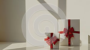 two white gift boxes adorned with vibrant red ribbon bows, one small and one large, elegantly isolated on a soft light