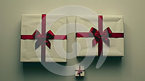 two white gift boxes adorned with vibrant red ribbon bows, one small and one large, elegantly isolated on a soft light