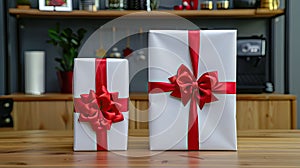 two white gift boxes adorned with vibrant red ribbon bows, one small and one large, elegantly isolated on a soft light