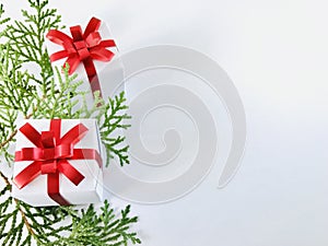 Two white gift boxes with red ribbon on white background with arborvitae branches aside.