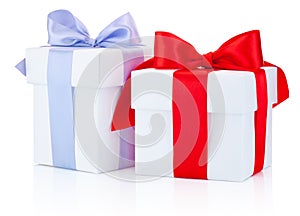 Two white gift boxes tied red and blue ribbon bow Isolated on white background