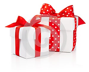 Two white gift boxes tied red ribbon bow Isolated on white background