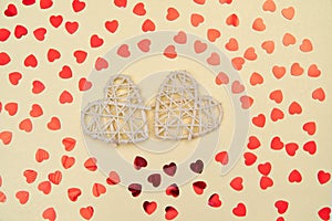 Two white homemade hearts background. Love symbol, romantic background. Valentine's day holiday gift card