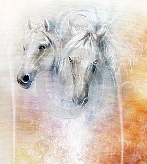 Two white horse spirits, beautiful detailed oil painting on canvas