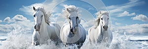 Two White Horses Are Running Through The Water