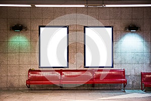 Two White Isolated Advertisement Billboard Posters on Train Subway Station Tile Texture Interior Flourescent Lights photo