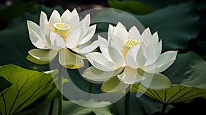 Two white lotus flowers in full bloom, with visible yellow stamens, set against a background of large, green lily pads in a calm