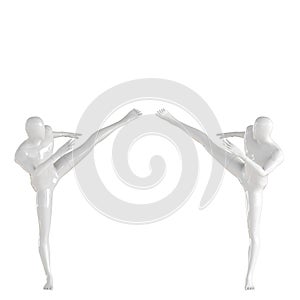 Two white mannequin guys kick a high kick in a side stance to meet each other. 3D