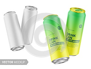 Two white matte drink cans mockup. Vector illustration.