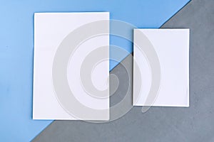 Two white mockup blanks on geometric grey and blue background