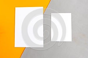 Two white mockup blanks on geometric orange and grey background.