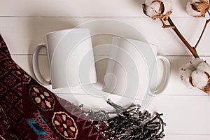 Two white mugs, pair of cups, Mockup. photo