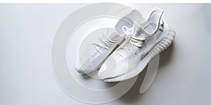 Two white Nike shoes are displayed on a white background, copy space photo