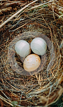 Two white and one brown eggs of a wild bird lie in a nest of grass and twigs