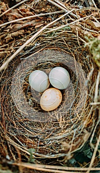 Two white and one brown eggs of a wild bird lie in a nest of grass and twigs