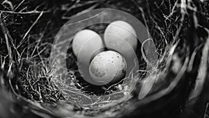 Two white and one brown eggs of a wild bird lie in a nest of grass and twigs