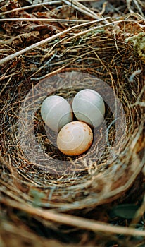 Two white and one brown eggs of a wild bird lie in a nest of grass and twigs