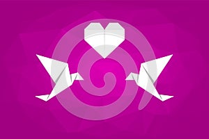 Two white origami birds in love. Birds and heart on purple low poly background.