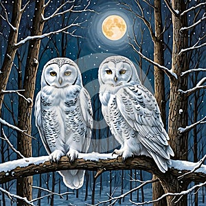 Two white owls perched on a snowy branch with a full moon in the background.