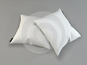 Two white pillows on a gray background.  Mockup square pillows. White sofa cushions. 3d rendering