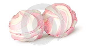 Two white and pink marshmallows each other