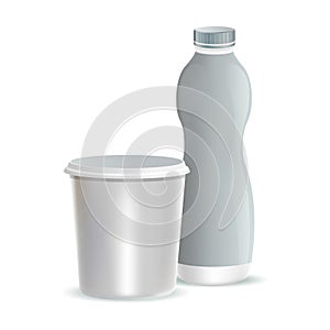 Two white plastic packaging for milk, yogurt, dessert, or cream vector realistic illustrations. Containers for yogurt.