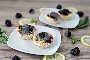 Two white plates containing blackberry tart desserts.