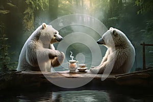 Two white polar bears drinking tea