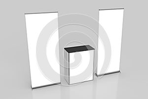 Two White Pullup Banner Exhibition Displays and Point of Sale Table.
